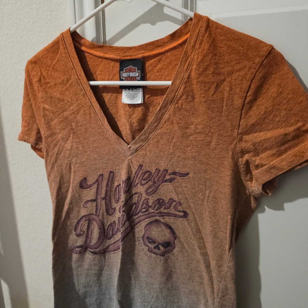 Harley Davidson Womens XS Orange Grey Ombre Skull Graphic V-Neck T-Shirt Ohio